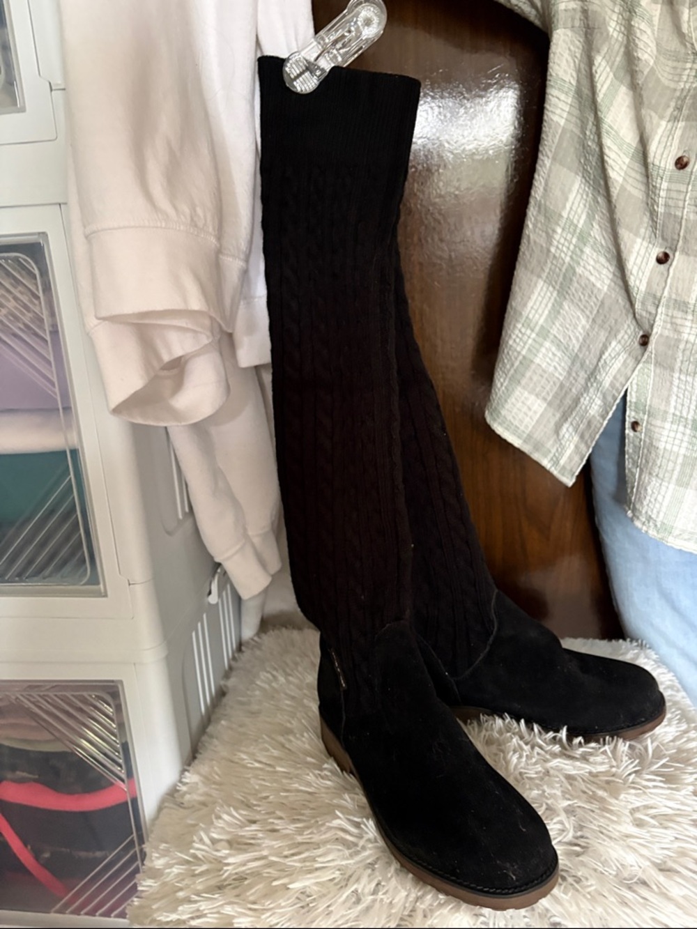 Tall Black Knit-Detail Suede Boots